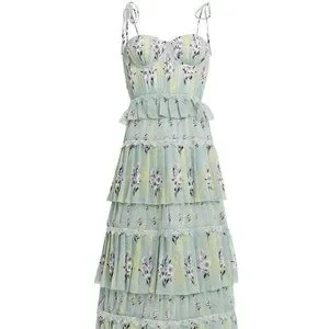 オールインワン・サロペット Self-Portrait Floral Tiered Midi Dress With Pleated Self-Portrait | Tiered Pleated Floral-Print Chiffon Midi Dress